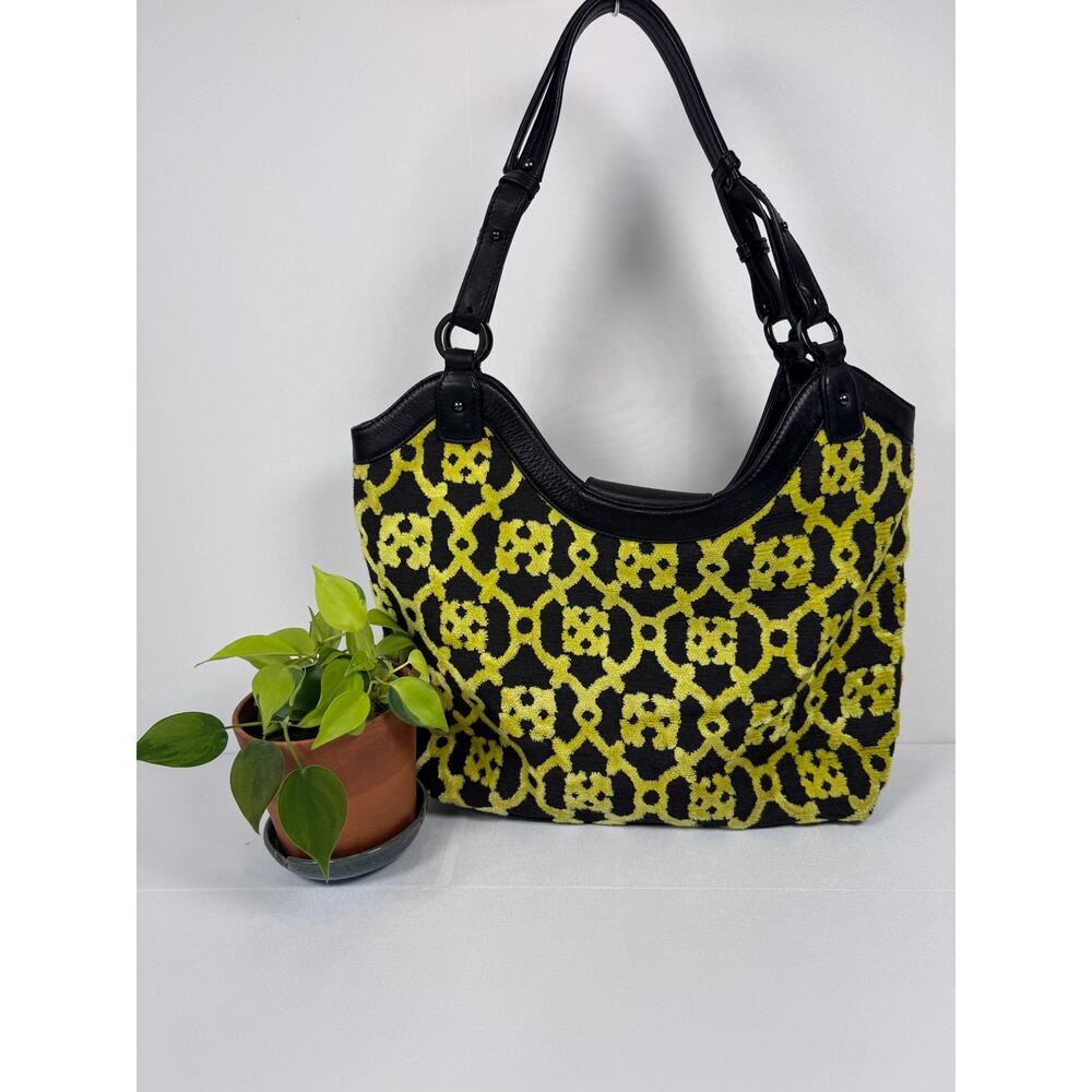 Petunia Pickle Bottom Black Yellow Velvet Floral Leather Trim Shoulder Tote Bag - Picture 2 of 11